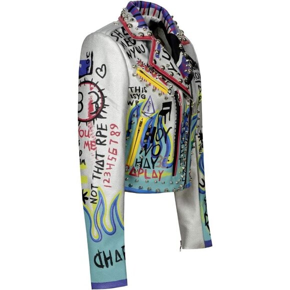 Women's Punk Floral Embroidered short Faux Leather Jacket Moto PU Coat. - Picture 2 of 6